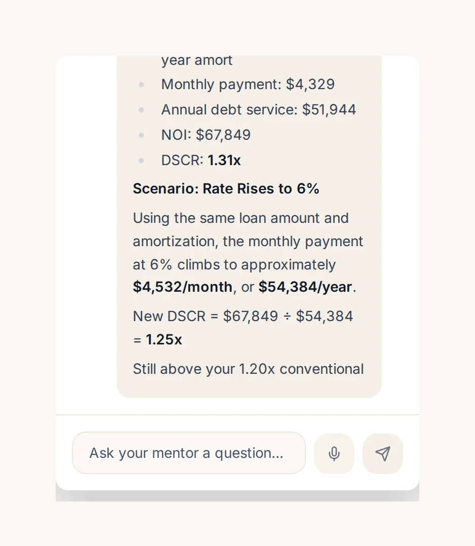 A Deal Mentor chat exchange: the investor asks why a Calgary duplex scored a DSCR of 1.16, and the Mentor explains the math and offers two levers to move it.
