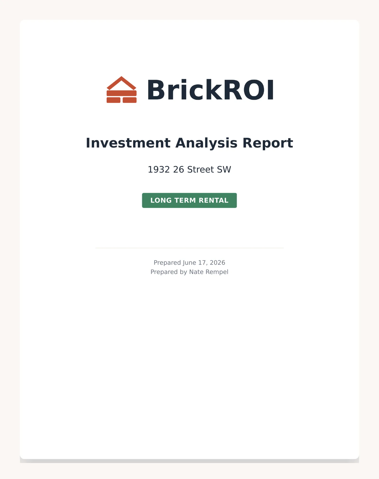 BrickROI lender-ready Investment Analysis Report cover